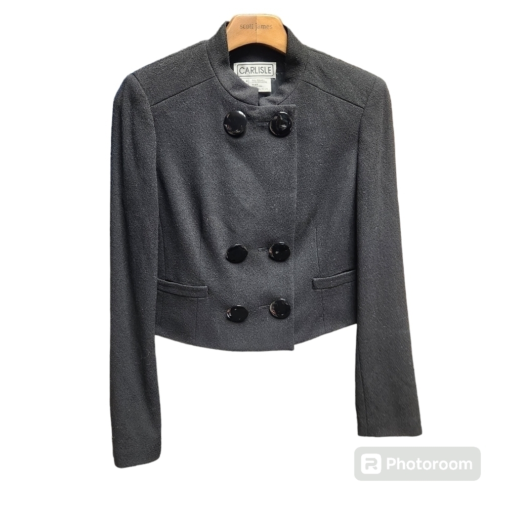 CARLISLE Cropped Double Breasted Blazer Sz.10 Oversized Buttons Vntg 100% Wool